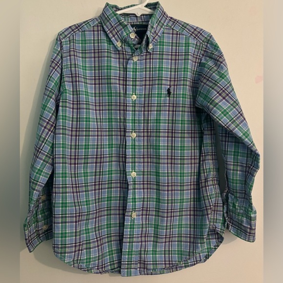 Ralph Lauren Boys Sz 5 Long Sleeve Button Down Plaid‎ Shirt Green Blue Purple - Picture 1 of 7